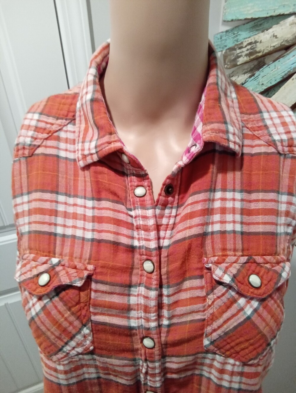 Vintage Y2K American Eagle Outfitters Sz 12 Orange Plaid Pear Snap Western Butto - Picture 5 of 16